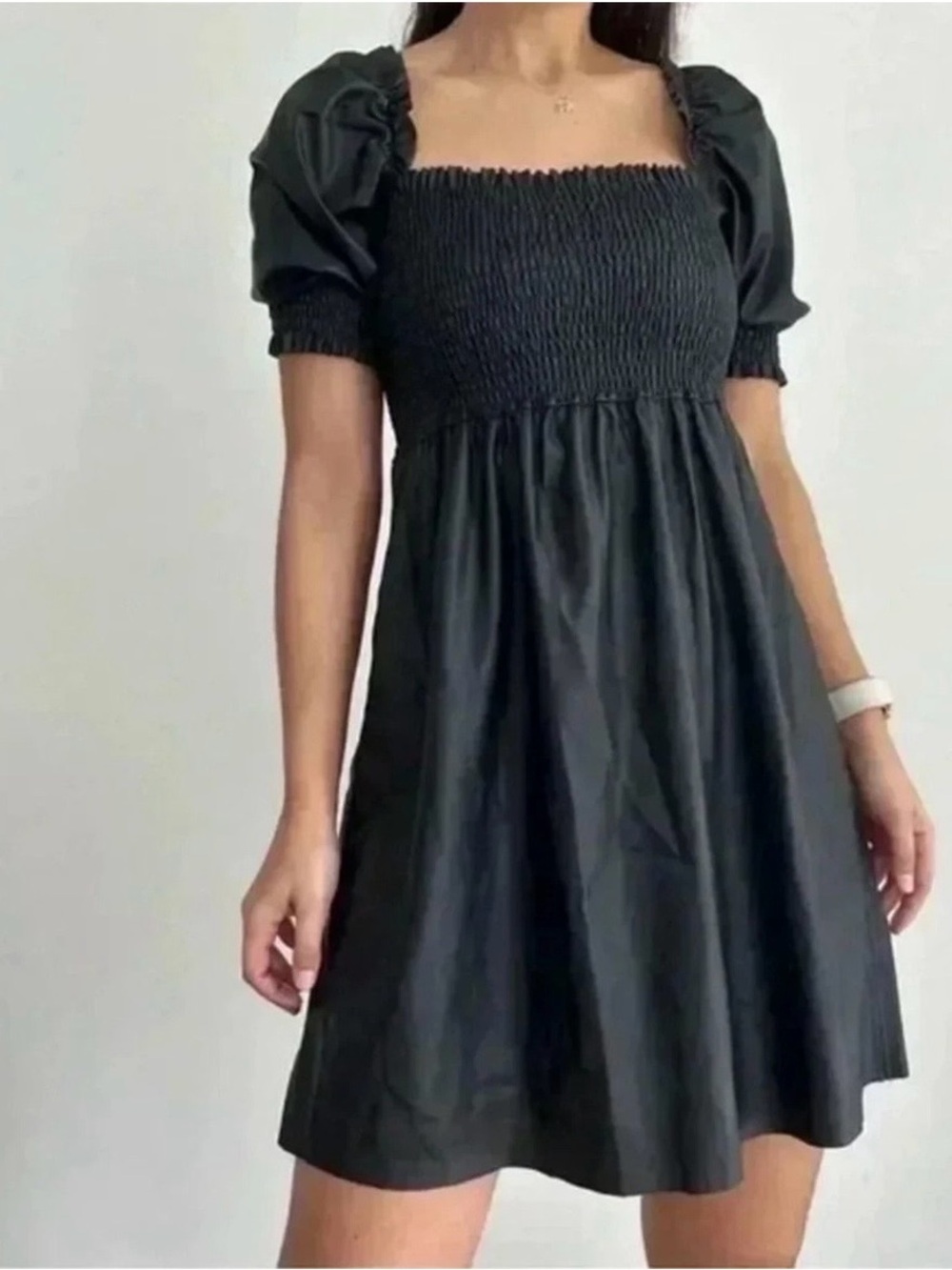 7 For All Mankind Black Smocked Puff-Sleeve Mini Dress